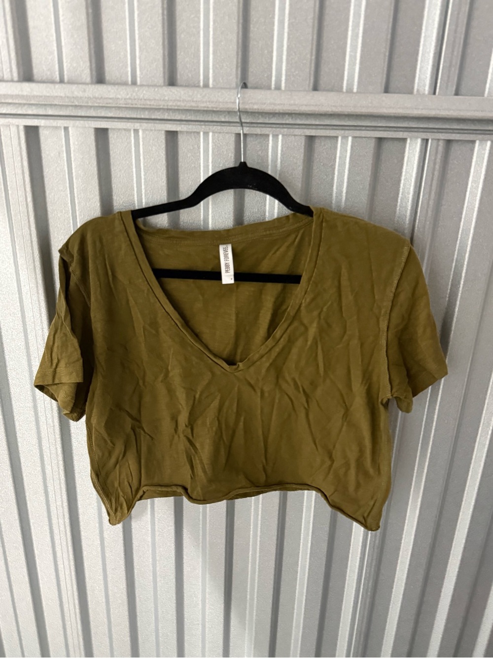 Women's Olive V-Neck Crop Top - Casual Short Sleeve